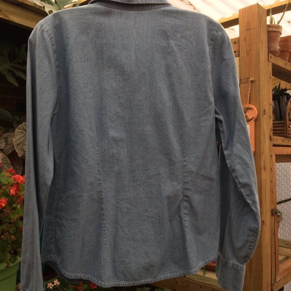 Vintage Gloria Vanderbuilt Denim Ruffled Blouse, P/M - Picture 3 of 4